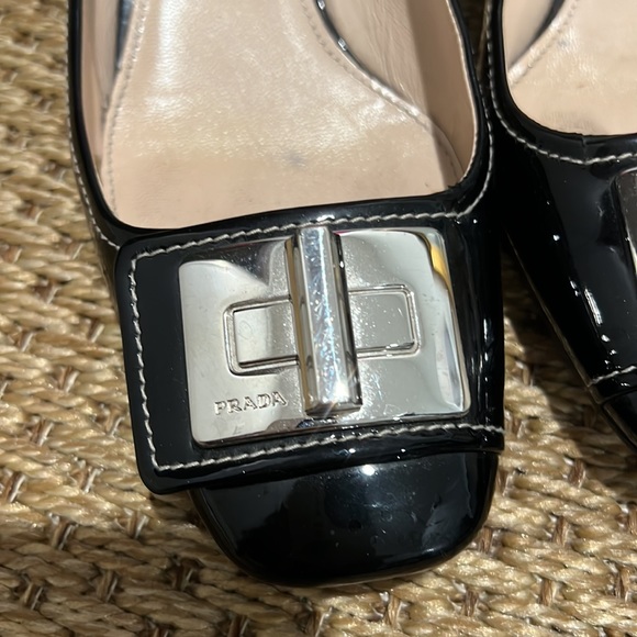 Prada Vernice Black Patent block heel pump w/silver buckle and 2 inch heel - Picture 10 of 13